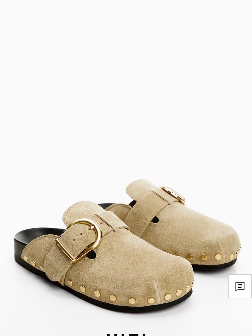 Mango Beige Suede Studded Slip-On Mules with Gold Buckles